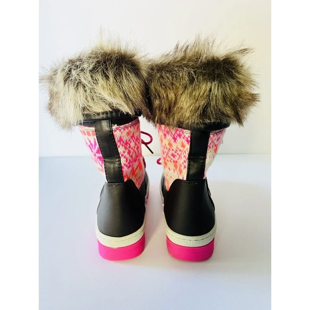 NWT JUSTICE GIRLS BROWN PINK‎ SWEATER KNIT SNOW BOOTS WINTER FAUX FUR GIRLS 5 5M
